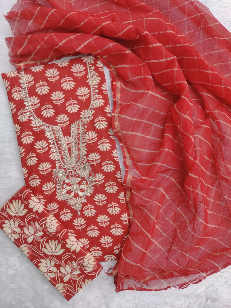 Jaipuri Printed Gota Patti Neck Cotton Suit With Kota Doriya Lehriya Dupatta