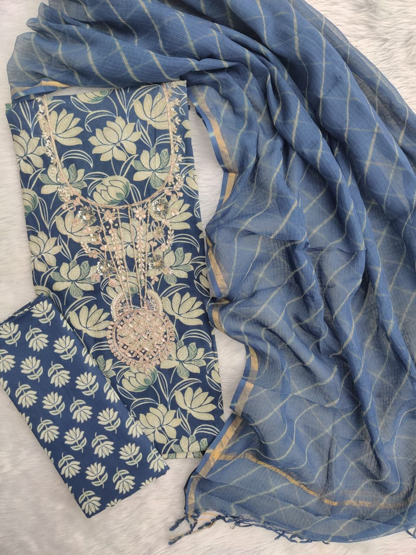 Jaipuri Printed Gota Patti  Neck Work Suit With Kota Doriya Lehriya Dupatta