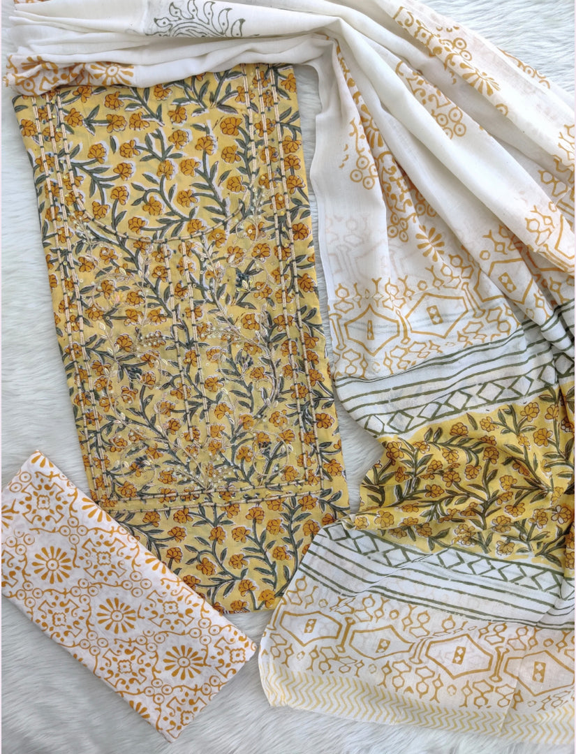 Floral Printed Cotton Gota Patti Suit with Cotton Dupatta