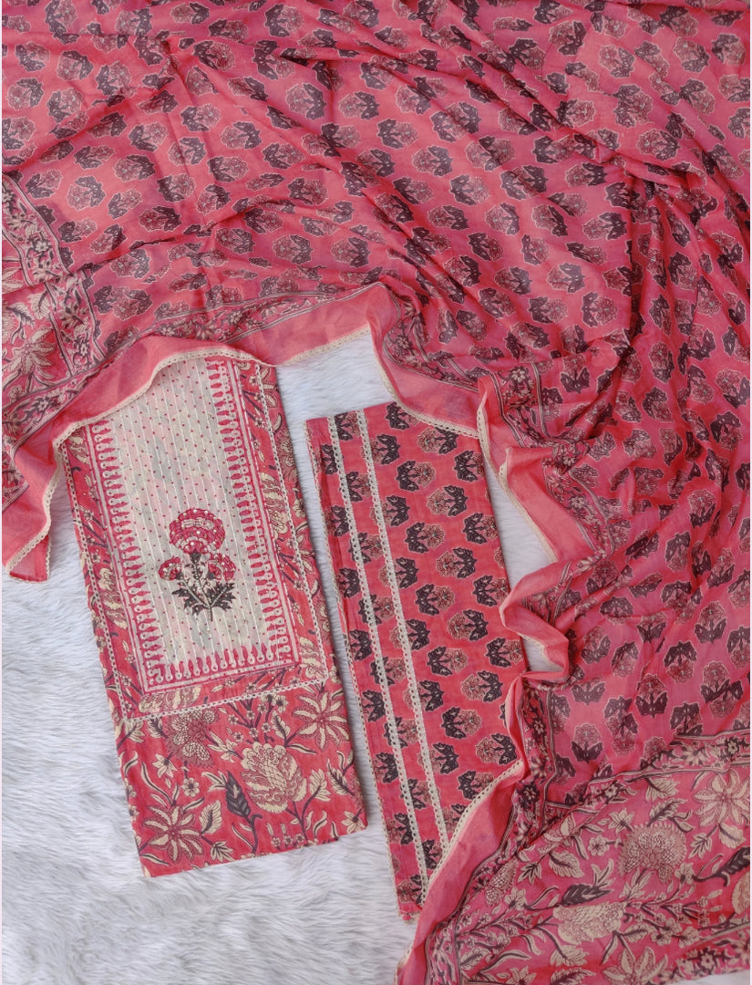 Cotton Printed Neck Work Suit With Mulmul Dupatta