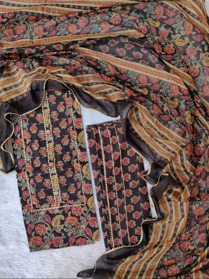 Cotton Printed Neck Work Suit With Mulmul Dupatta